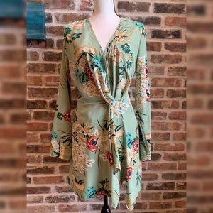 Sage Green Floral Printed Long Sleeve Wrap Dress